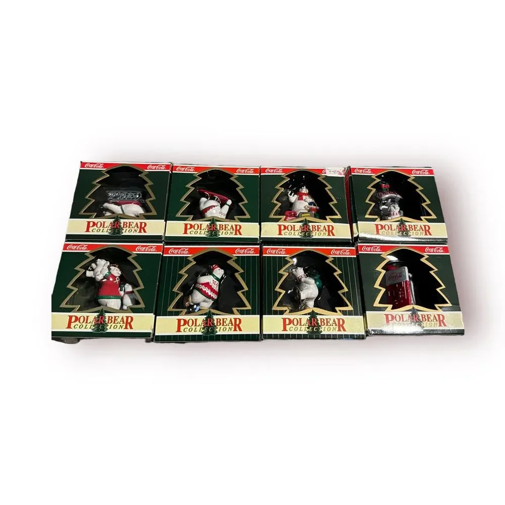 Coca-Cola Polar Bear Collection Christmas‎ Ornament Set Of 8 1995 NIB with Plush - Picture 1 of 12